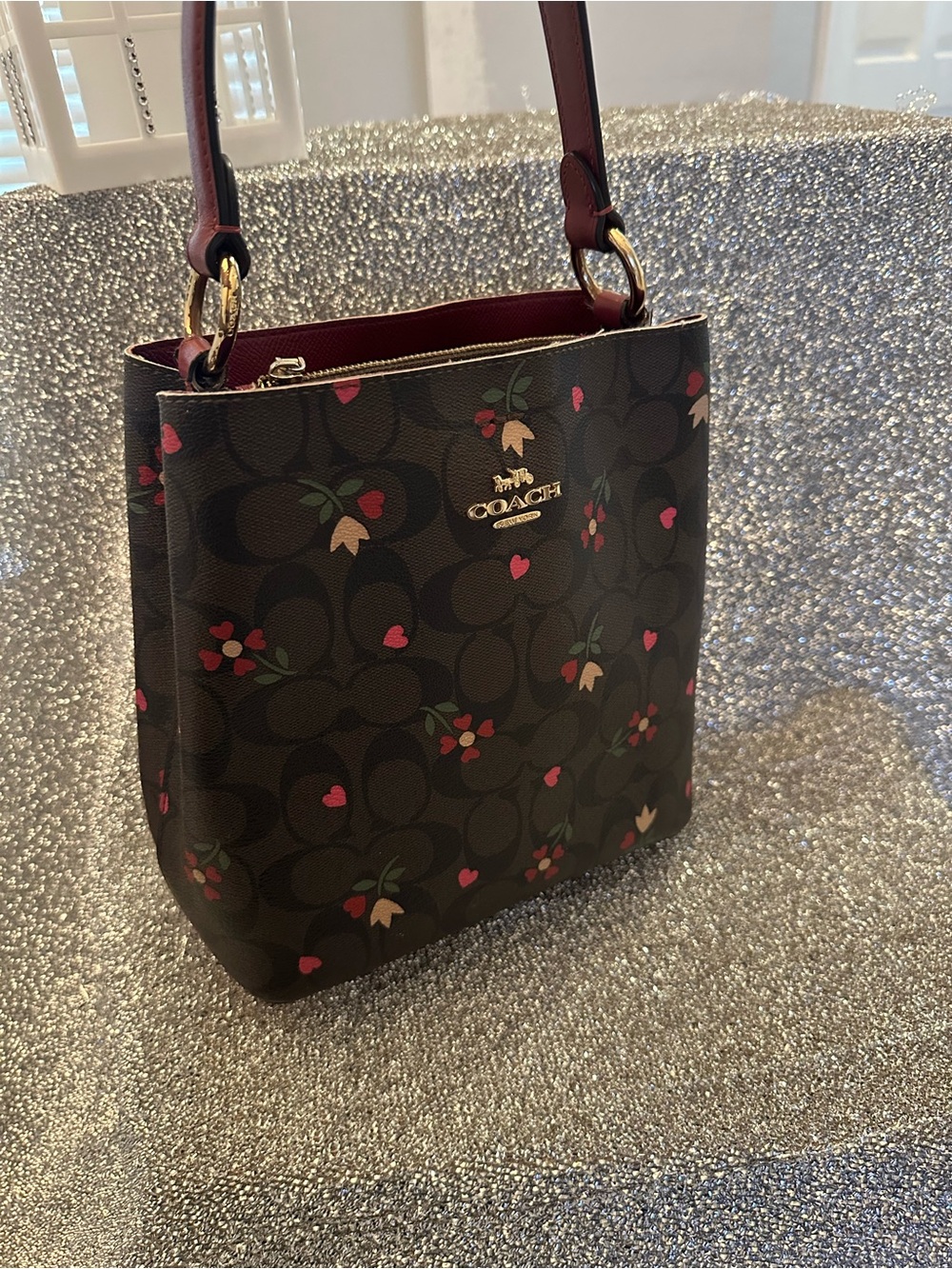 COACH Floral Print Signature Tote in Brown and Burgundy